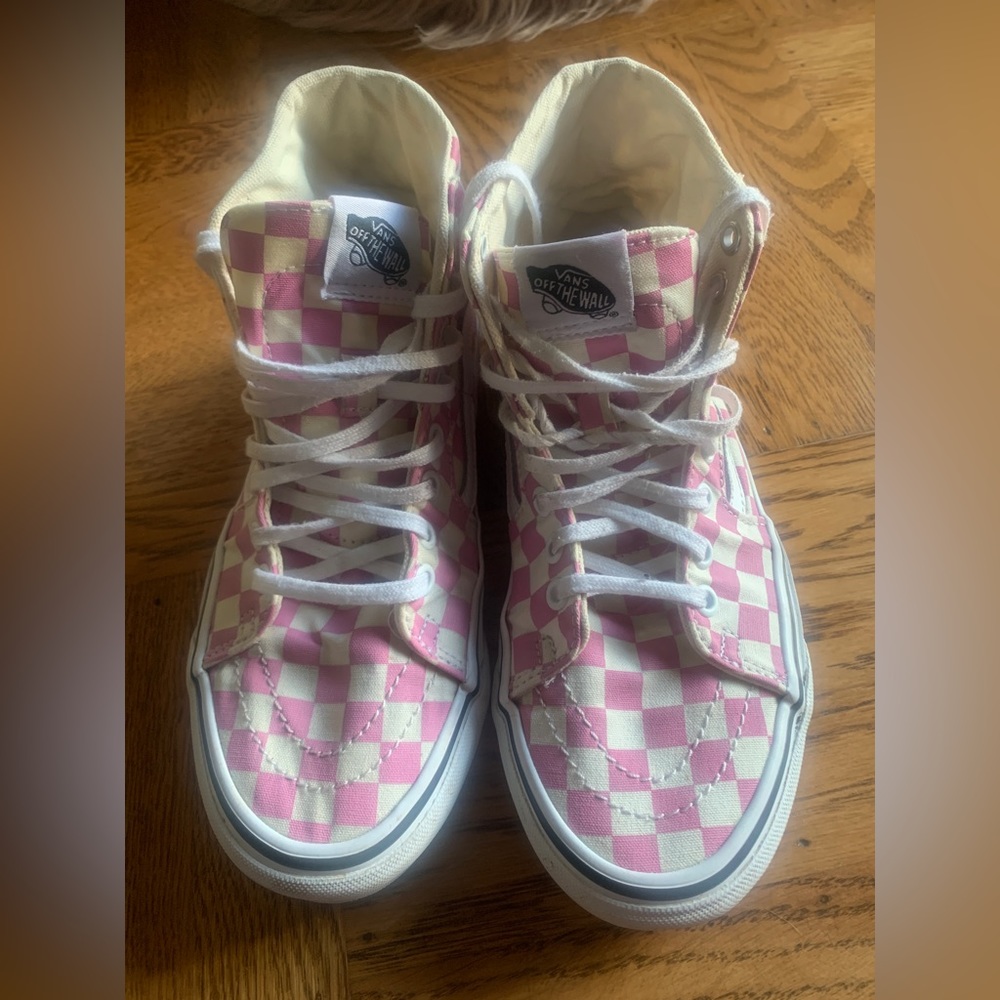 Super cute pink and white checkered vans!